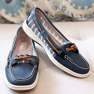Sperry Angelfish Breton Stripe Boat Shoes Navy Leather Size 8 Coastal Preppy
